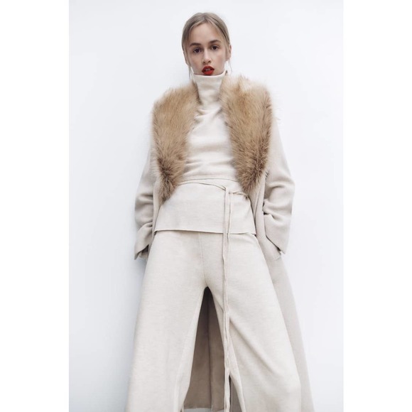 Zara Pants - Zara Oatmeal Cream Knit Two Piece Mock Neck Top Wide Leg Pants Set Size M